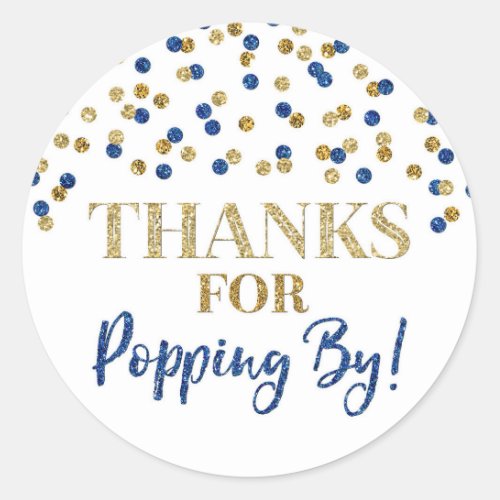 Gold Blue Confetti Thanks for Popping By Classic Round Sticker
