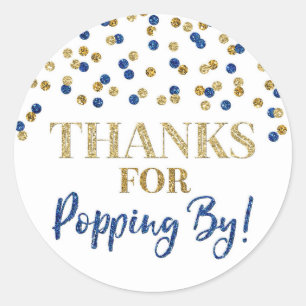 Gold Blue Confetti Thanks for Popping By Classic Round Sticker