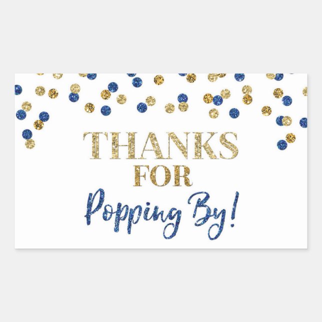 Gold Blue Confetti Thanks for Popping By Rectangular Sticker (Front)