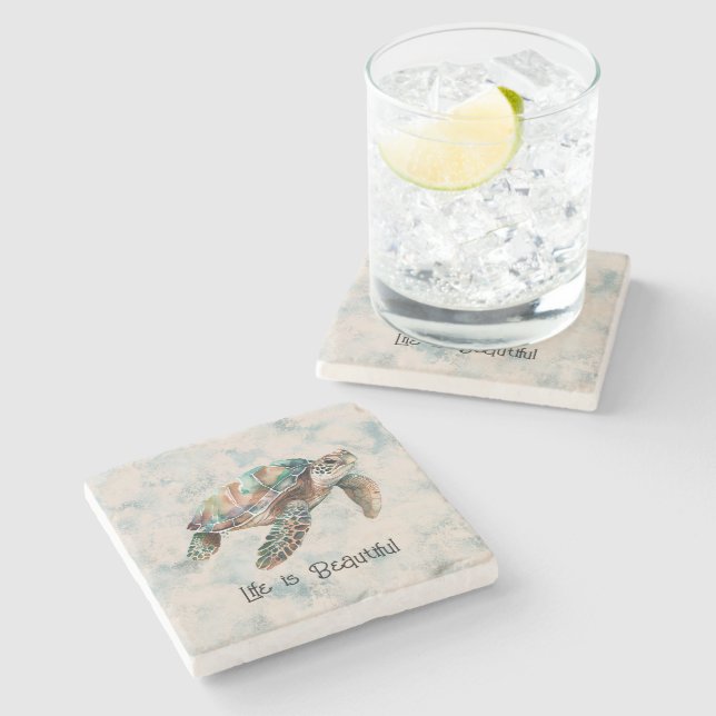 Gold Blue Cream Dream Sea Turtle Stone Coaster (Side)