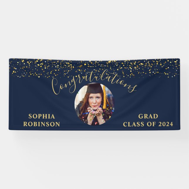 Gold Blue Custom Photo Graduation Party Banner (Horizontal)
