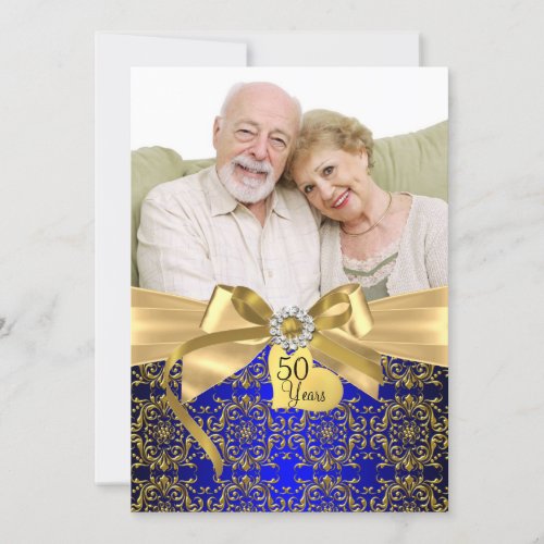 Gold Blue Damask  Bow Photo 50th Anniversary Invitation