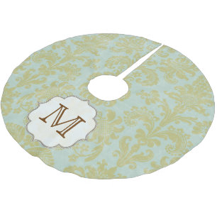 Gold Blue Damask Lace Monogram Initial Tree Skirt