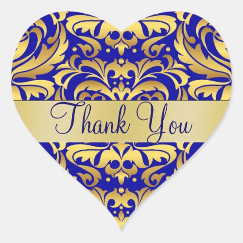 Gold  Blue Damask Thank You Heart Sticker