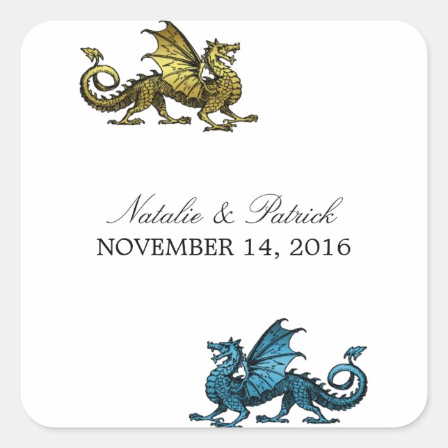 Gold Blue Dragon Wedding Stickers (Front)