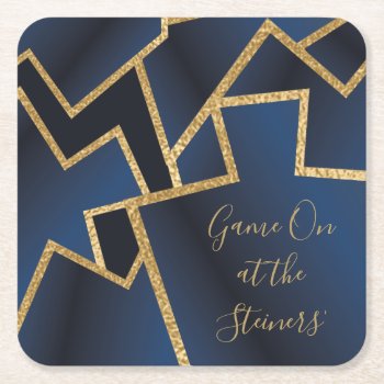 Gold Blue Dreidels Square Paper Coaster by HanukkahHappy at Zazzle
