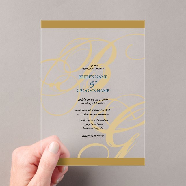 Gold Blue Elegant Script Monogram Wedding Acrylic Invitations (Insitu (Handheld))