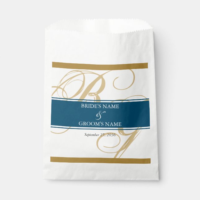 Gold Blue Elegant Script Monogram Wedding Favor Bag (Front)