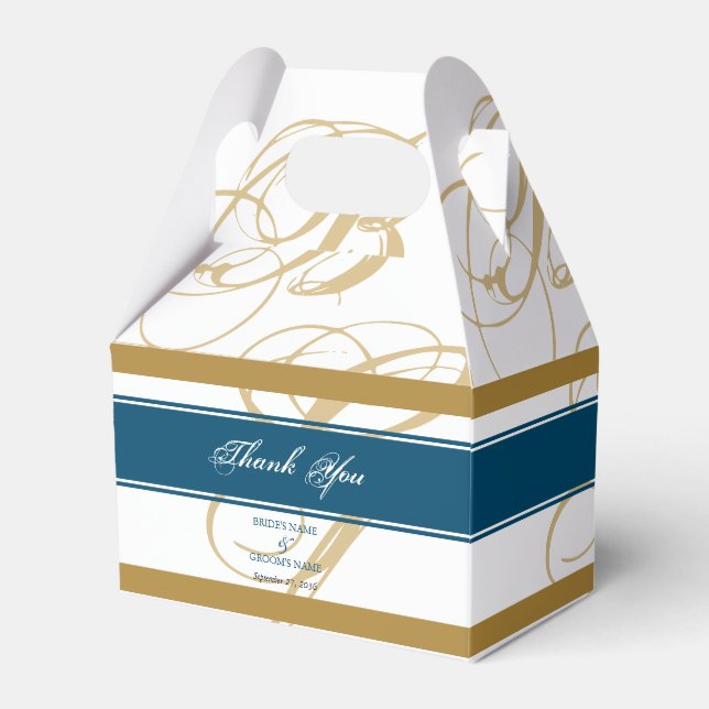Gold Blue Elegant Script Monogram Wedding  Favor Boxes (Front Side)