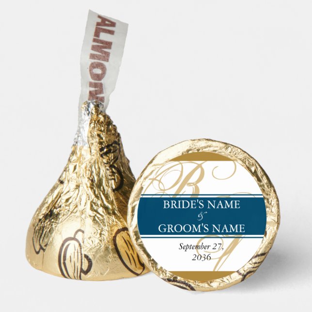 Gold Blue Elegant Script Monogram Wedding  Hershey®'s Kisses® (Front)