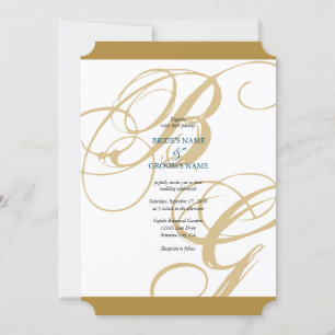 Gold Blue Elegant Script Monogram Wedding Invitation