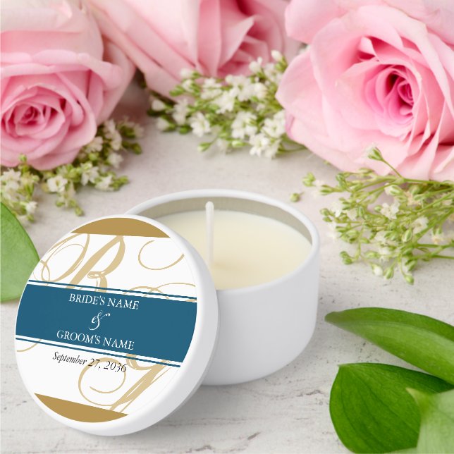 Gold Blue Elegant Script Monogram Wedding Mini Candle Favors (Insitu (Wedding))