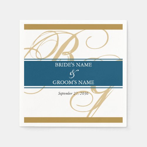 Gold Blue Elegant Script Monogram Wedding Napkins