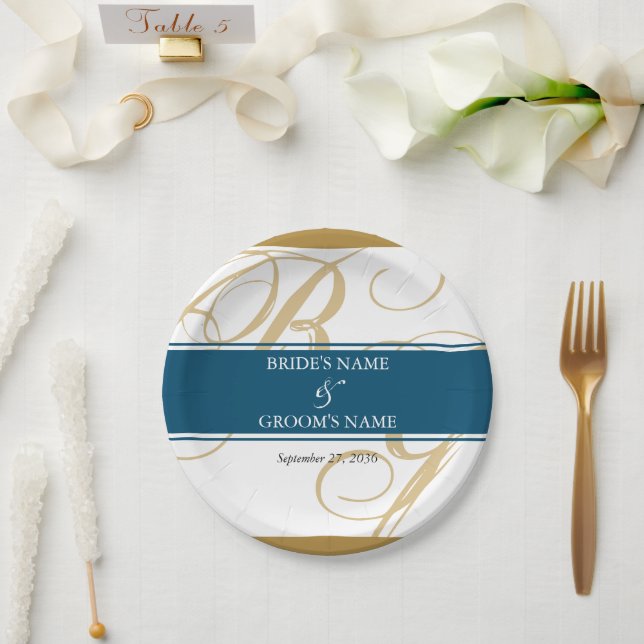 Gold Blue Elegant Script Monogram Wedding  Paper Plates (Wedding)