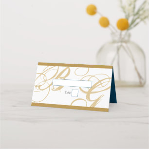 Gold Blue Elegant Script Monogram Wedding Place Card