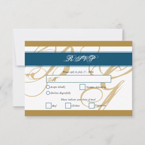 Gold Blue Elegant Script Monogram Wedding  RSVP Card