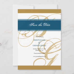 Gold Blue Elegant Script Monogram Wedding Save The Date