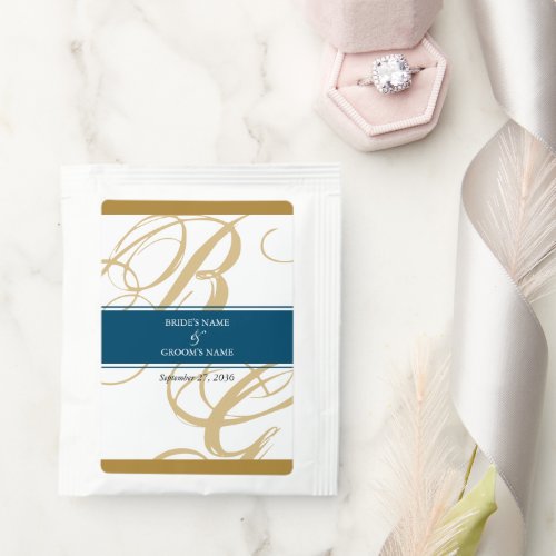 Gold Blue Elegant Script Monogram Wedding  Tea Bag Drink Mix