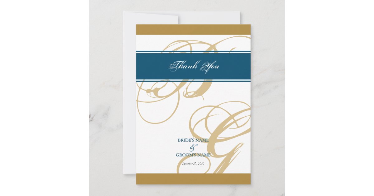 Gold Blue Elegant Script Monogram Wedding Thank You Card | Zazzle
