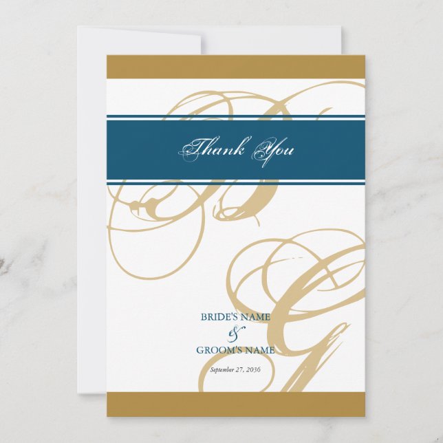 Gold Blue Elegant Script Monogram Wedding Thank You Card (Front)
