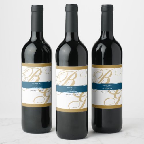 Gold Blue Elegant Script Monogram Wedding  Wine Label