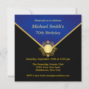 Gold Blue Emblem Elegant Birthday Party Invites