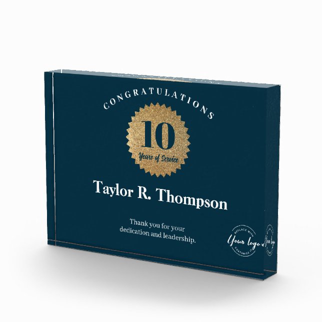Gold Blue Employee 10 years of service custom logo Acrylic Award (Right)