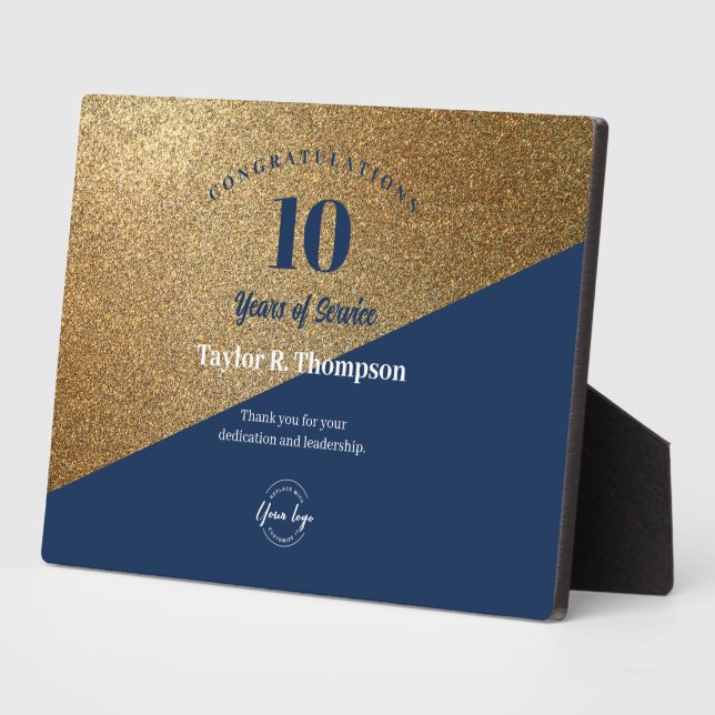 Gold Blue employee 10 years service custom logo Plaque (Side)