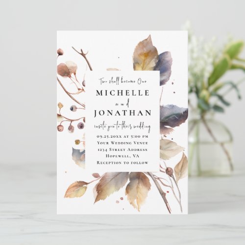 Gold Blue Fall Leaves Two Become One Bible Wedding Invitation