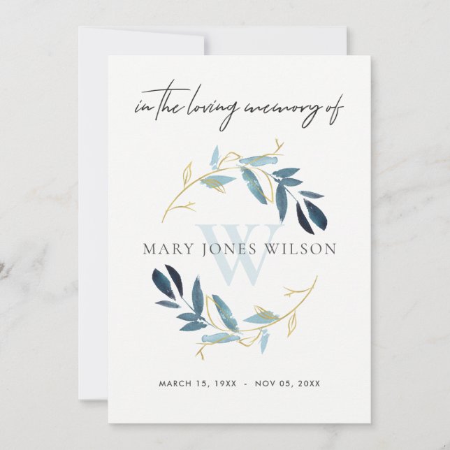 GOLD BLUE FAUNA SYMPATHY MEMORIAL SERVICE INVITE (Front)