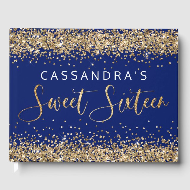 Gold Blue Faux Glitter Sweet Sixteen Guest Book (Front)