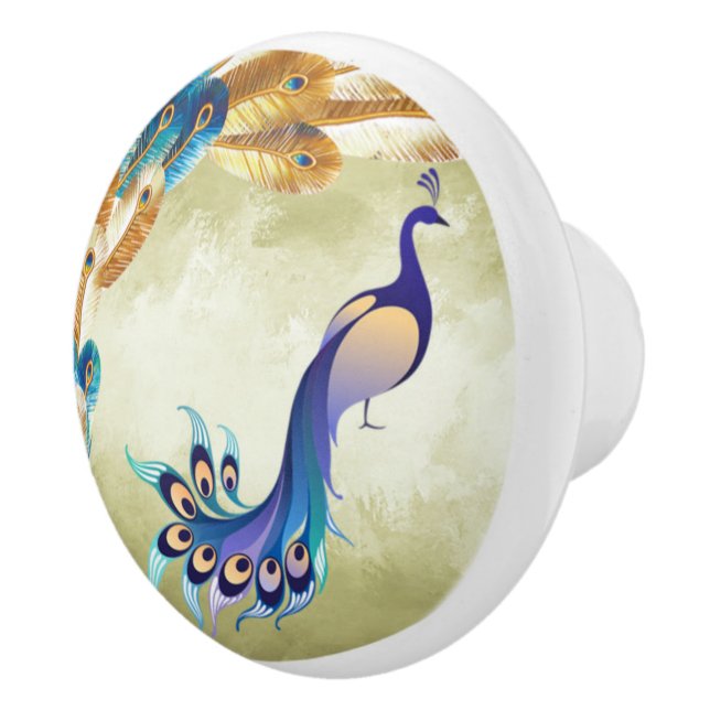 Gold & Blue Feathers Peacock Ceramic Knob (Right)