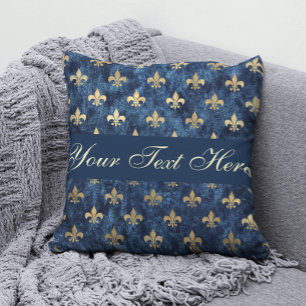 Gold Blue Fleur De Lis Add Your Text  Throw Pillow