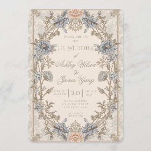 Gold Blue Floral Botanical Wedding Invitation