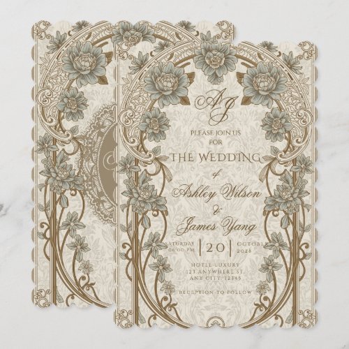Gold Blue Floral Botanical Wedding Invitation