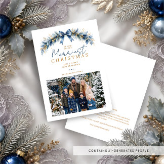 Gold Blue Floral Christmas Season Photo TMF26 Holiday Card