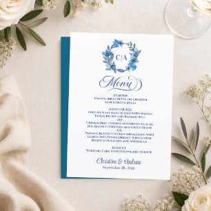 Gold Blue Floral Frame Couple Initials Wedding Menu