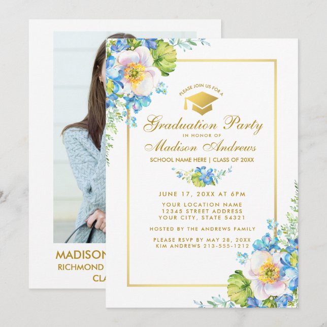 Gold Blue Floral Grad Party Invite - Photo Back (Front/Back)