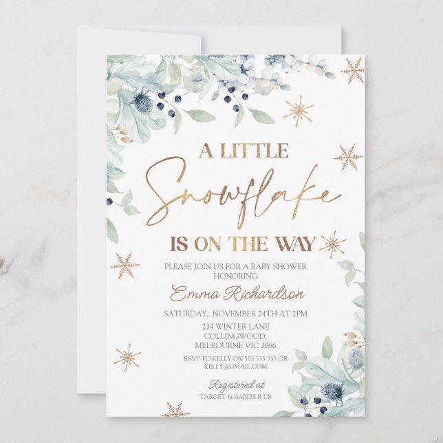 Gold Blue Floral Little Snowflake Baby Shower  Invitation (Front)
