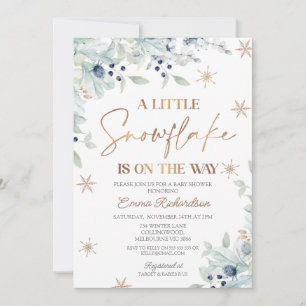 Gold Blue Floral Little Snowflake Baby Shower Invitation