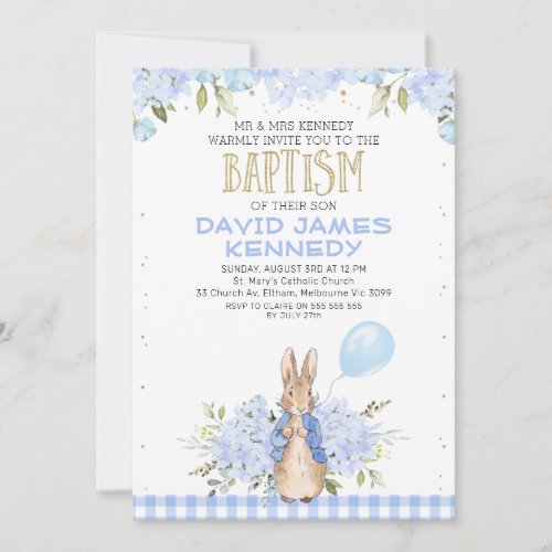 Gold Blue Floral Peter Rabbit Baptism Invitation