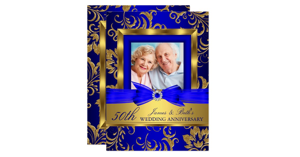 Gold Blue Floral Photo 50th Wedding Anniversary Invitation | Zazzle.com