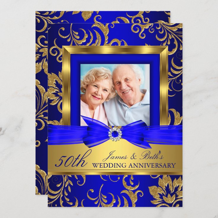 Gold Blue Floral Photo 50th Wedding Anniversary Invitation | Zazzle
