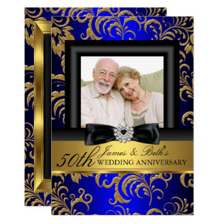 Gold Blue Floral Photo 50th Wedding Anniversary Invitation