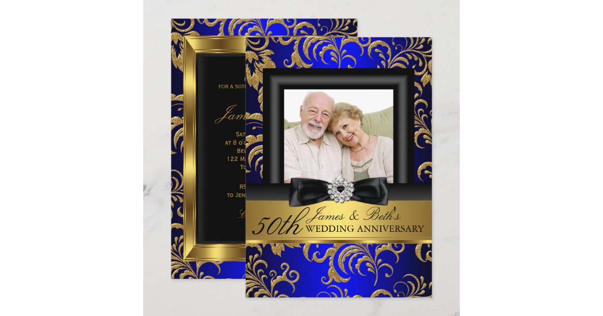 Gold Blue Floral Photo 50th Wedding Anniversary Invitation | Zazzle