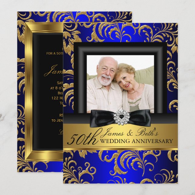 Gold Blue Floral Photo 50th Wedding Anniversary Invitation (Front/Back)
