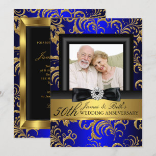 Gold Blue Floral Photo 50th Wedding Anniversary Invitation