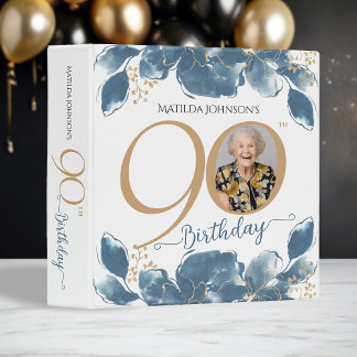 Gold Blue Floral Photo Album 90th Birthday Gift 3 Ring Binder