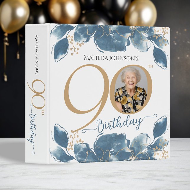 Gold Blue Floral Photo Album 90th Birthday Gift  3 Ring Binder (Gold Blue Floral Photo Album 90th Birthday Gift 3 Ring Binder)
