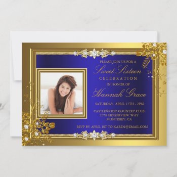 Gold & Blue Floral Photo Sweet Sixteen Invite by ExclusiveZazzle at Zazzle